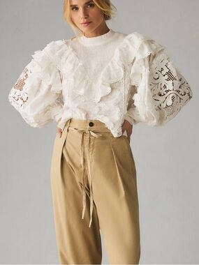 Rare Farm Rio Smocked Yoke 3D Flower Crochet Blouse in Off White Size XS